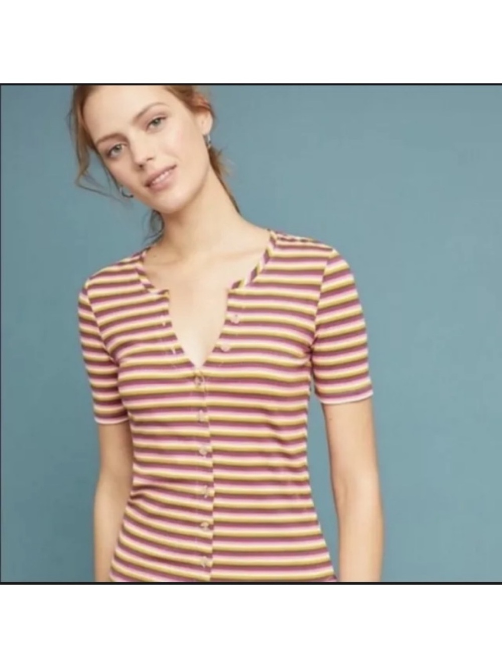 Maeve Anthropologie Multicolor Striped Ribbed Button Down Short Sleeve - Medium